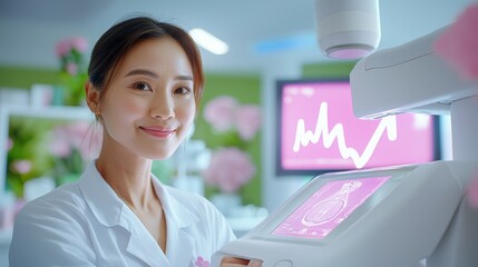 Poster - Smiling female doctor in a white coat looks at the camera during an ultrasound scan.