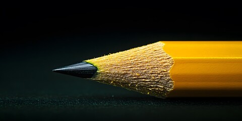 A yellow pencil with a sharp tip resting on a pure black background. Dramatic lighting creates high contrast, emphasizing the minimalist composition and textured surface.