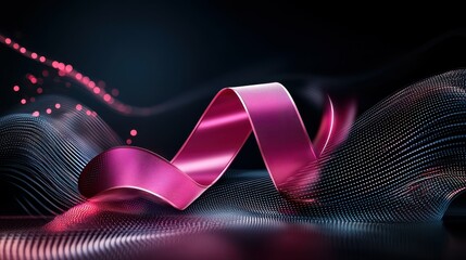 Poster - A pink ribbon curves on a dark background with a wave pattern.