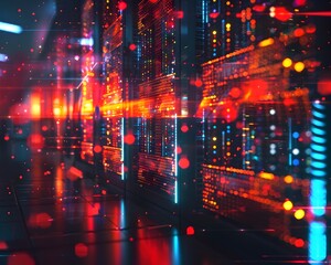Poster - futuristic data center with glowing quantum servers in a vibrant neon lit network