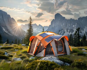 Poster - Innovative Off Grid Camping Tent with Embedded Solar Cells in Breathtaking Mountain Landscape at Sunset