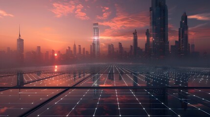 Poster - Futuristic City Skyline Powered by Integrated Solar Panels Capturing the Sun s Energy at Dawn