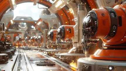 Poster - Automated Car Assembly Line with Robotic Arms Working on Sleek Car Frames