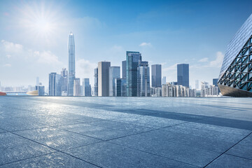 Wall Mural - empty square floor and city skyline with modern buildings scenery in shenzhen. car advertising backg
