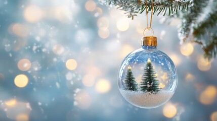 Wall Mural - Merry Christmas and Happy New Year. Glass Christmas ornament ball with miniature snow and trees inside, Xmas lights background