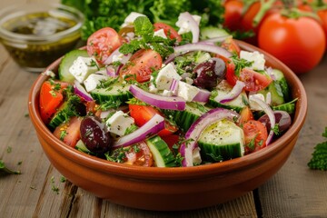 Wall Mural - A colorful Greek salad with tomatoes, cucumbers, red onions, Kalamata olives, feta cheese, and a sprinkling of oregano.