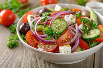 Wall Mural - A colorful Greek salad with tomatoes, cucumbers, red onions, Kalamata olives, feta cheese, and a sprinkling of oregano.