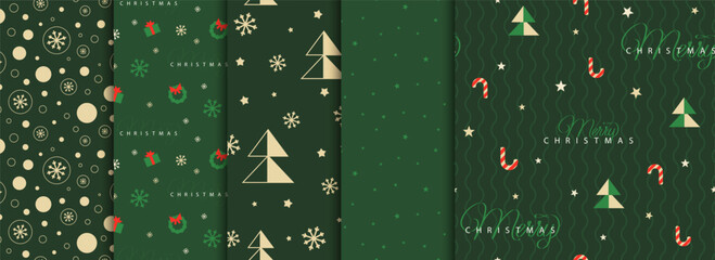 Set of Holiday, Christmas, New Year dark green seamless pattern with christmas trees, snowflakes, stars. Loopable design for wrapping paper, textile, background, banner