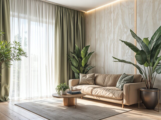 Serene Living Room Sanctuary: A contemporary living room bathed in natural light, featuring a plush beige sofa, a wooden coffee table, and lush green plants.