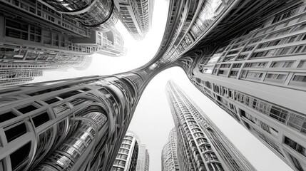 Wall Mural - Skyscrapers suspended in mid-air bend and curve, with looping bridges creating impossible, gravity-defying pathways between them.