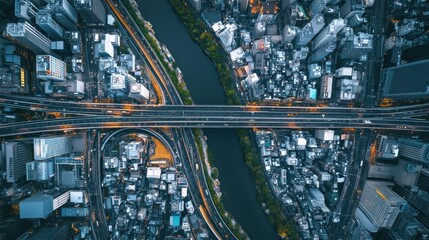 Poster - Aerial View of Cityscape with River and Highway