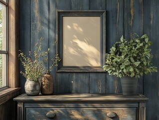 close up photo of empty photo frame on blue wooden table 