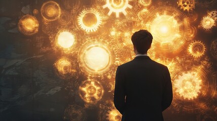 Wall Mural - Businessman with Glowing Gears Representing Success