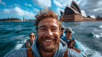 Poster - design an image of a multinational team of coworkers taking a group selfie in the city