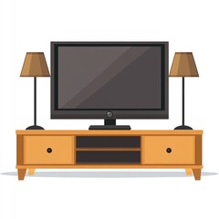 Wall Mural - A modern TV stand with a television and two lamps, designed for home entertainment.