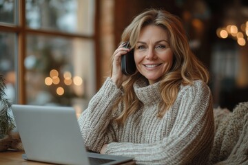 Happy mature woman calling her clients while working remotely, Generative AI