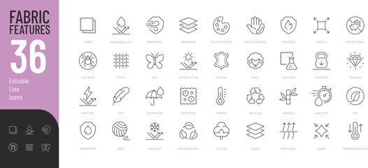 Fabric Features line Editable Icons set. Vector illustration in thin line modern style of textile related icons: thermo, recycled, bamboo, and more. Isolated on white