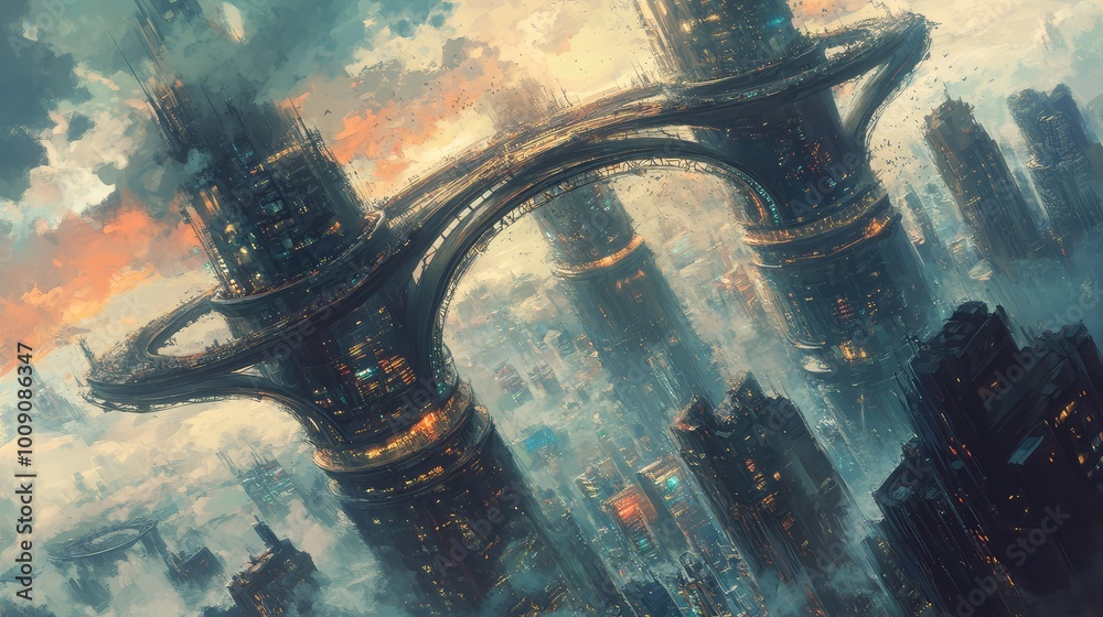 Illustration Stock Tall, floating buildings curve in strange, gravity ...