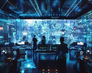 Engineers Monitoring Holographic Display in Smart Grid Control Room for Optimizing Power Distribution