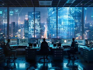 Sticker - Futuristic Smart Grid Control Room Monitoring Energy Flow in Megacity Skyscrapers and Infrastructure