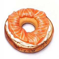 Sticker - A bagel topped with cream cheese and slices of salmon, resembling a unique food creation.