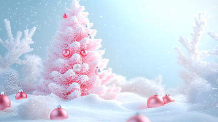 Sticker - Beautiful pastel pink Christmas tree surrounded by soft snow, decorated with baubles, creating a dreamy winter wonderland atmosphere.