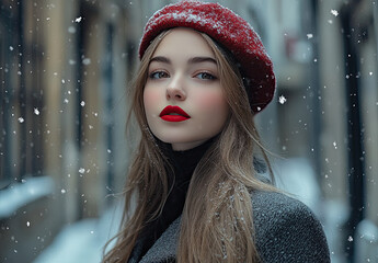 Wall Mural - Beautiful woman in a grey coat and red beret with long hair, against a winter background with snow falling outside, looking directly at the camera in a close-up portrait.