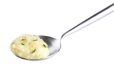 Wall Mural - Spoon with mashed potatoes isolated on white background. With clipping path.