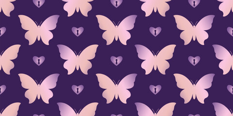 gradient butterfly shape seamless pattern vector illustration on violet. insect and keyhole heart re