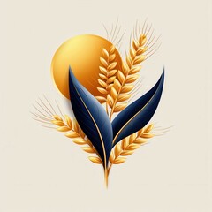 Poster - Golden wheat stalks and blue leaves against a white background.