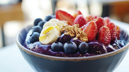 Close-up of a acai bowl with banana, strawberries, blueberries, and granola.