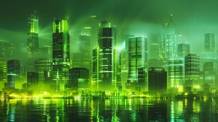 Poster - Glowing green metropolis powered by bioengineered algae futuristic sustainable city concept