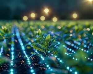 Poster - futuristic eco friendly farm with glowing genetically enhanced crops showcasing synthetic biology ad