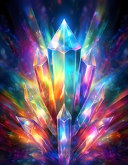 Wall Mural - A cluster of brightly colored crystals emits a vivid array of light in a dark background, creating a kaleidoscopic effect. The sharp, geometric shapes of the crystals reflect a spectrum of colors