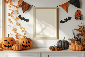 A wooden frame mockup hanging on the wall with halloween decorations