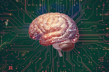 Poster - illustration of human brain with neural network, microchip, artificial intelligence. big data, compu