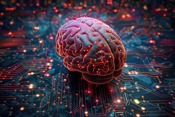 Poster - illustration of human brain with intelligent thinking processing through neural network, big data co