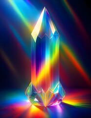 Wall Mural - A luminous crystal prism refracts vibrant rainbow colors, creating a mesmerizing play of light. The surrounding area glows with a kaleidoscope of hues, enhancing the magical atmosphere.