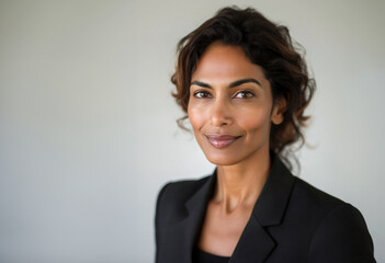 Woman with wavy hair and a warm smile stands poised in a black blazer.