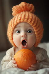 The baby looks surprised with an orange in his hand