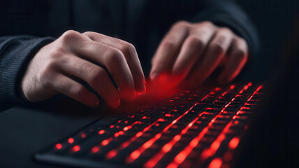 Closeup of a hacker inserting code into a system, with glowing red lines indicating a breach