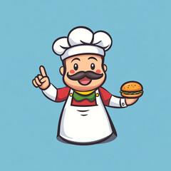 A cartoon chef holding a burger and pointing up, logo design on a blue background in a simple and flat style. 