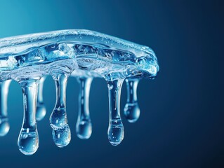 Poster - Closeup of clear gel dripping, forming droplets against a blue background.