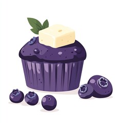 Poster - A delicious-looking blueberry cupcake topped with butter and surrounded by blueberries.