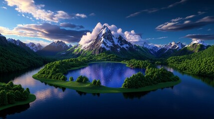 Poster - Majestic, snow-capped mountains, serene, high quality, photorealistic, alpine meadows, crystal-clear lakes, untouched wilderness, panoramic, breathtaking, nature's beauty, vibrant ::2 flowing rivers, 