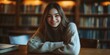 © Maftuh - portrait of young woman in library, woman smiling with blur library background