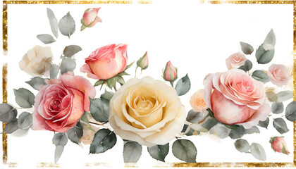 Wall Mural - Square Floral Of Watercolor Roses Flowers And Golden Border. Generative AI.