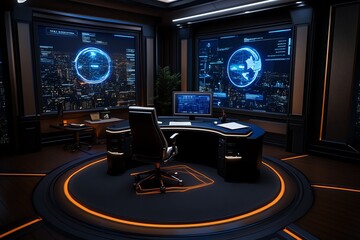 Aufkleber - 3D digital model of a futuristic office, where holographic screens display failed projects and reports in a fully animated, interactive environment