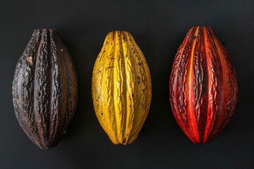 Poster - Three different types of cocoa pods on a black background