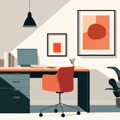 Wall Mural - A modern office workspace featuring a desk, computer, and decorative art.